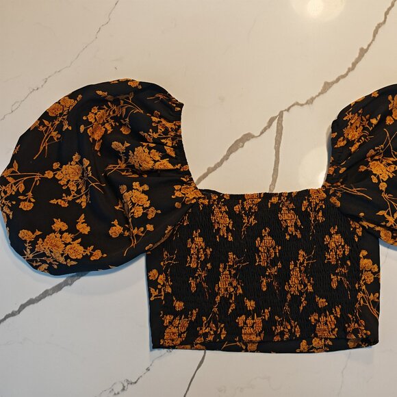 Black Floral Puff Sleeve Crop Top – Square Neck Romantic Cottagecore Size S - Picture 8 of 10